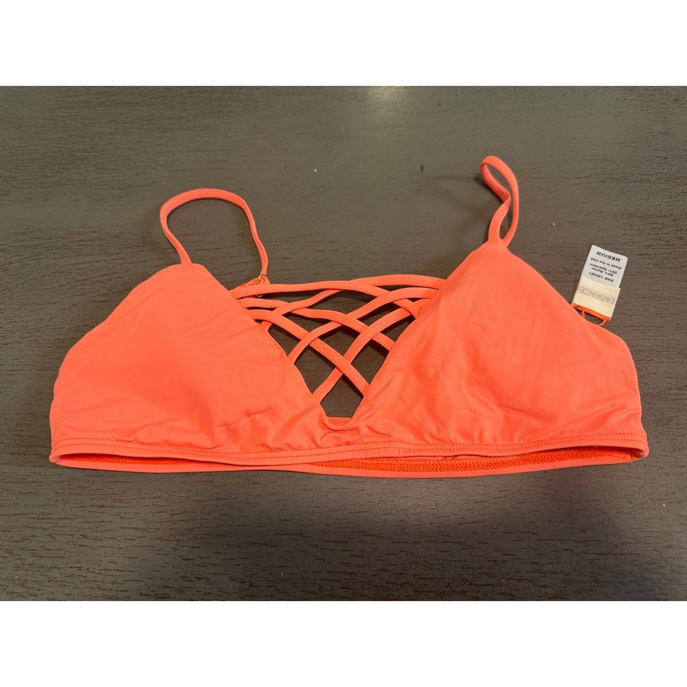 L*Space Neon Coral Strappy Lattice Bikini Top Medium RN 130061 Made in USA